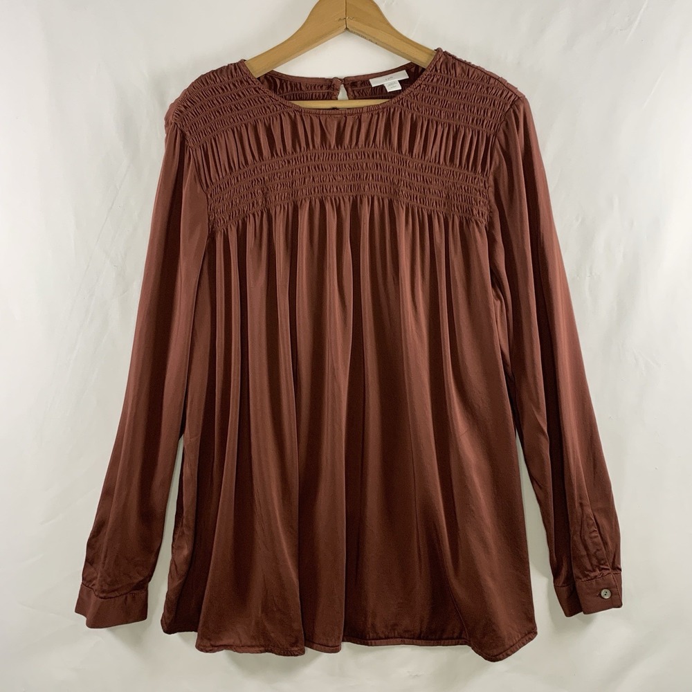 J Jill Womens Boho Flowy Lightweight Top Large Petite Brown Renaissance Smocked